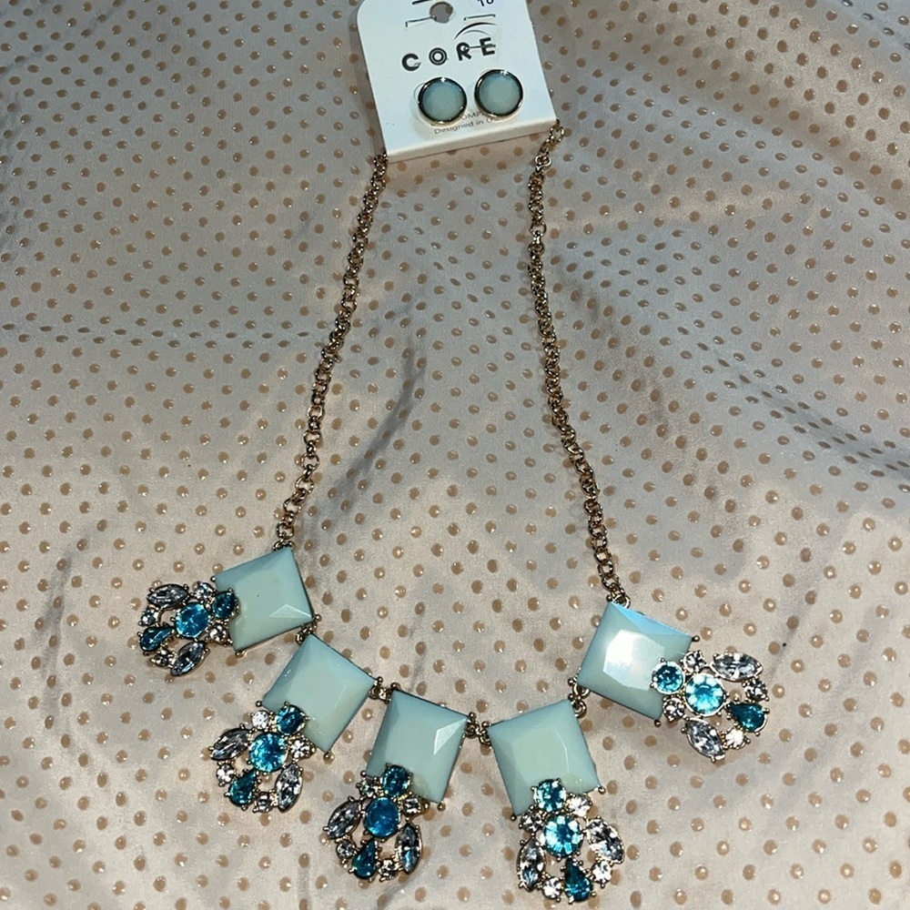 CORE aqua/green and clear accent stones Earrings and Necklace set, NWT